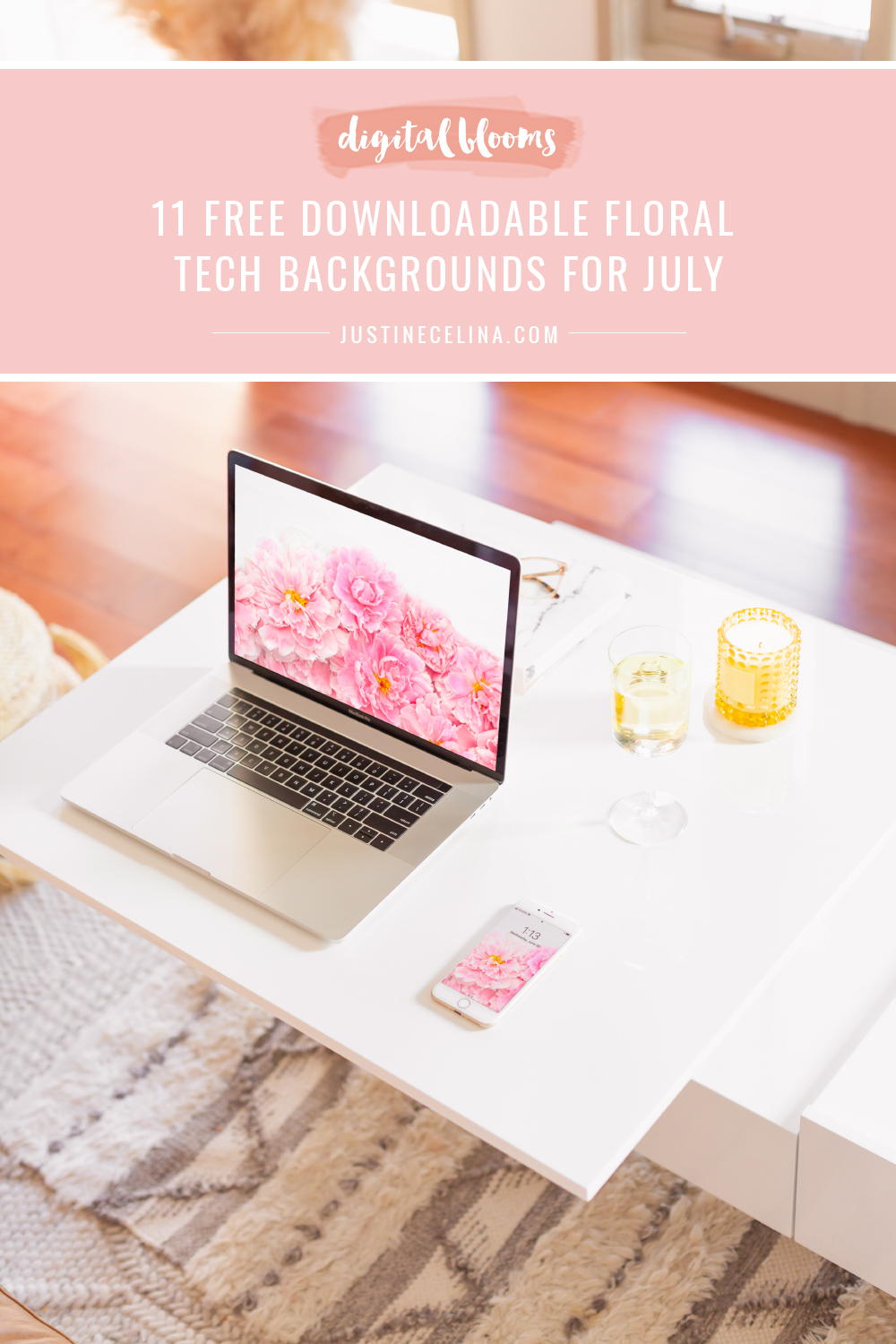 DIGITAL BLOOMS JULY 2021 | 11 Free Downloadable Floral Tech Backgrounds for Summer | Feminine WFH set up with a MacBook Pro and iPhone featuring JustineCelina’s July Peony Digital Blooms floral tech wallpaper, a glass of white wine and a yellow candle in a bright and sunny bohemian Living Room | Female Entrepreneur Digital Wallpapers | The Best of Justine Celina’s Summer Digital Blooms | Peony Desktop Wallpaper | Free Pink Peony Wallpaper | Calgary Creative Lifestyle Blogger // JustineCelina.com