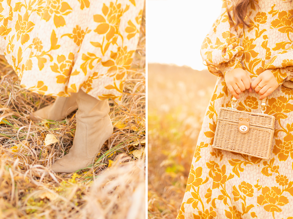 6 Luxe Bohemian Fall Outfits | Autumnal Ochre | Woman wearing a fall floral printed ochre gown with an long sleeves, raffia minaudière bag and knee high taupe suede pointed toe boots amongst golden grasses and yellow leaves | | Boho Fall 2022 Outfit Ideas | Classic Fall Outfit Formulas | Feminine Bohemian Style | Polished Bohemian Style | Elegant Bohemian Style | Bohemian Outfit Ideas | Calgary Alberta Fashion Blogger // JustineCelina.com