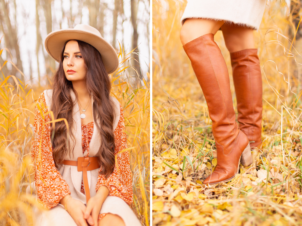6 Luxe Bohemian Fall Outfits | Thanksgiving Chic | Brunette woman wearing an orange paisley midi dress, brown Pink Martini Stockport Vest, a slim cognac leather belt, a vintage leather hand tooled bag, a camel flat brimmed rancher hat and Vince Camuto Cognac Senimda Mid Calf Boot amongst golden grasses | Boho Fall 2022 Outfit Ideas | Feminine Bohemian Style | Polished Bohemian Style | Elegant Bohemian Style | Bohemian Outfit Ideas | Calgary Alberta Fashion Blogger // JustineCelina.com
